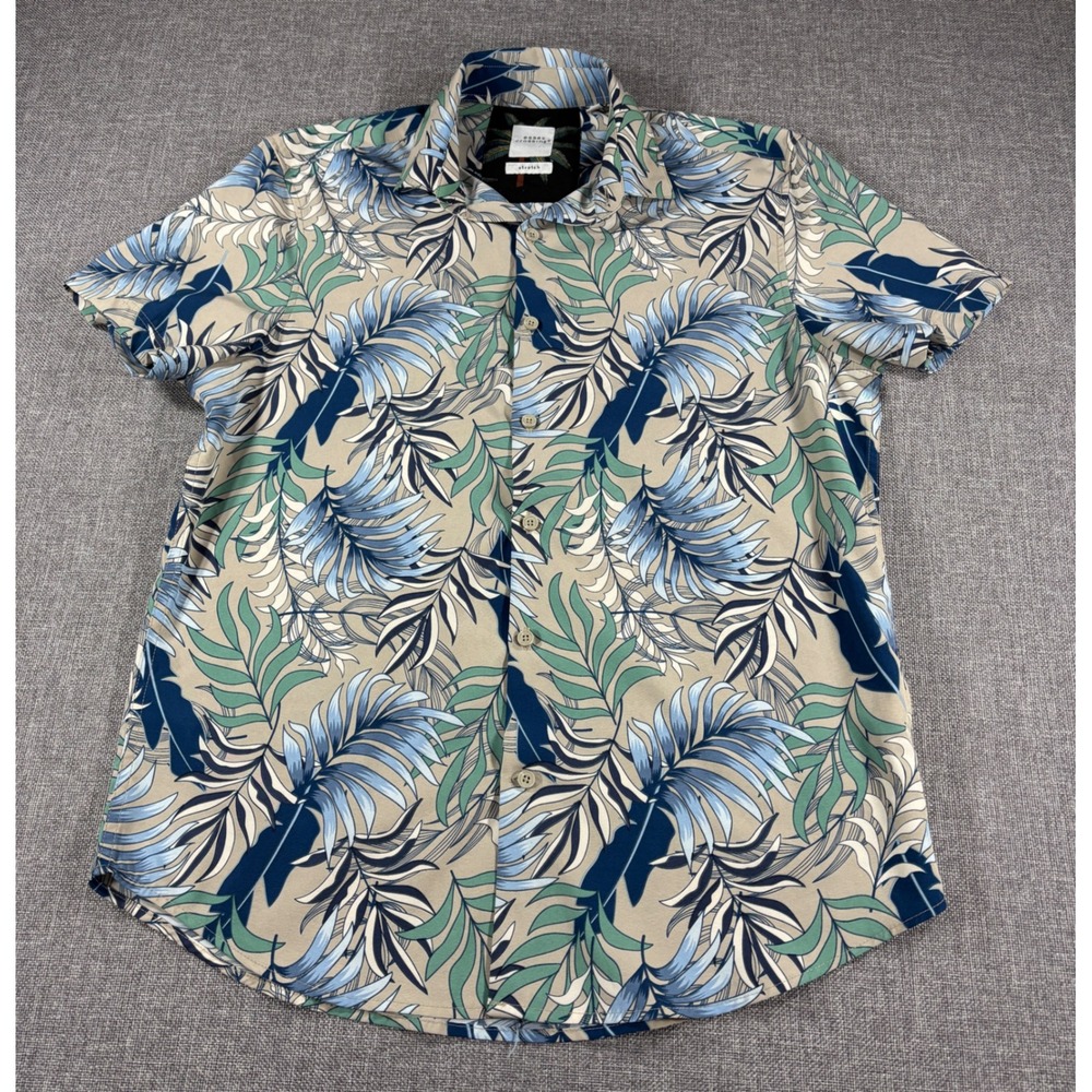 Essex Crossing Mens Tropical Button Up Shirt XL Tan Blue Palm Leaf Stretch